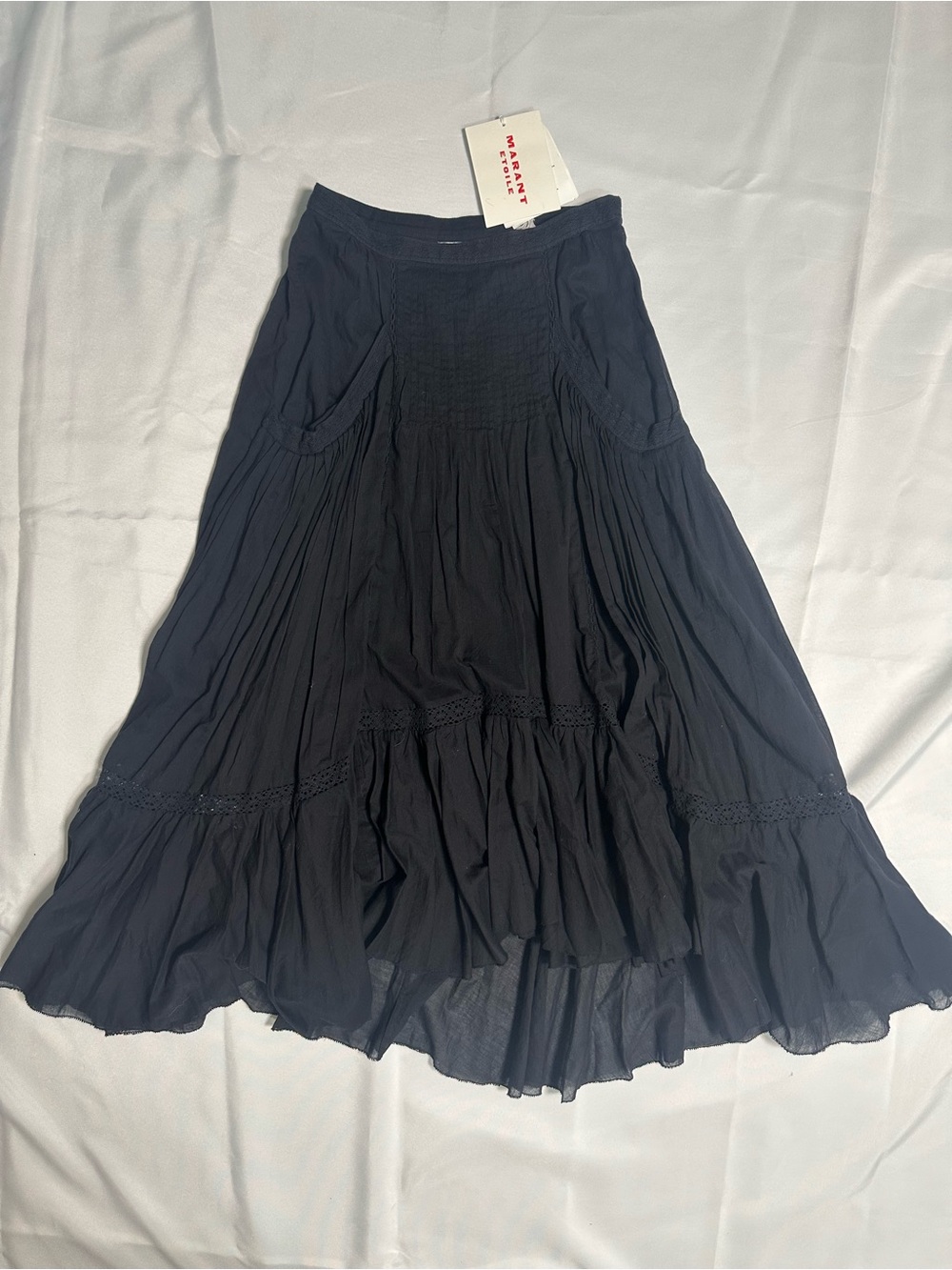 NWT Marant Etoile Black Boho Tiered Maxi Skirt with Crochet Trim